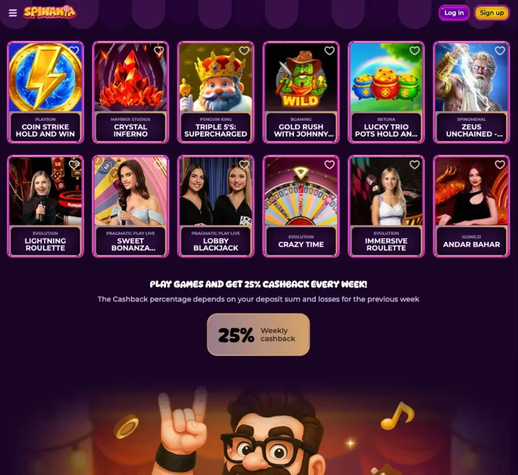 Spinania Casino desktop homepage screenshot displaying main lobby with featured games, promotions and navigation menu - tested