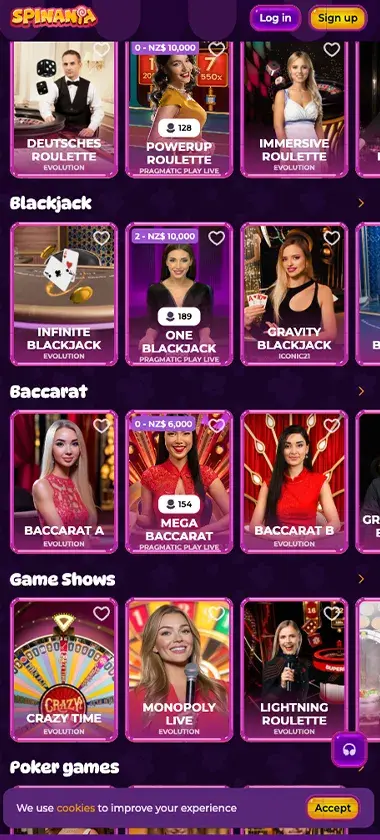 Spinania Casino mobile live casino interface screenshot showing live dealer tables including blackjack and roulette - tested