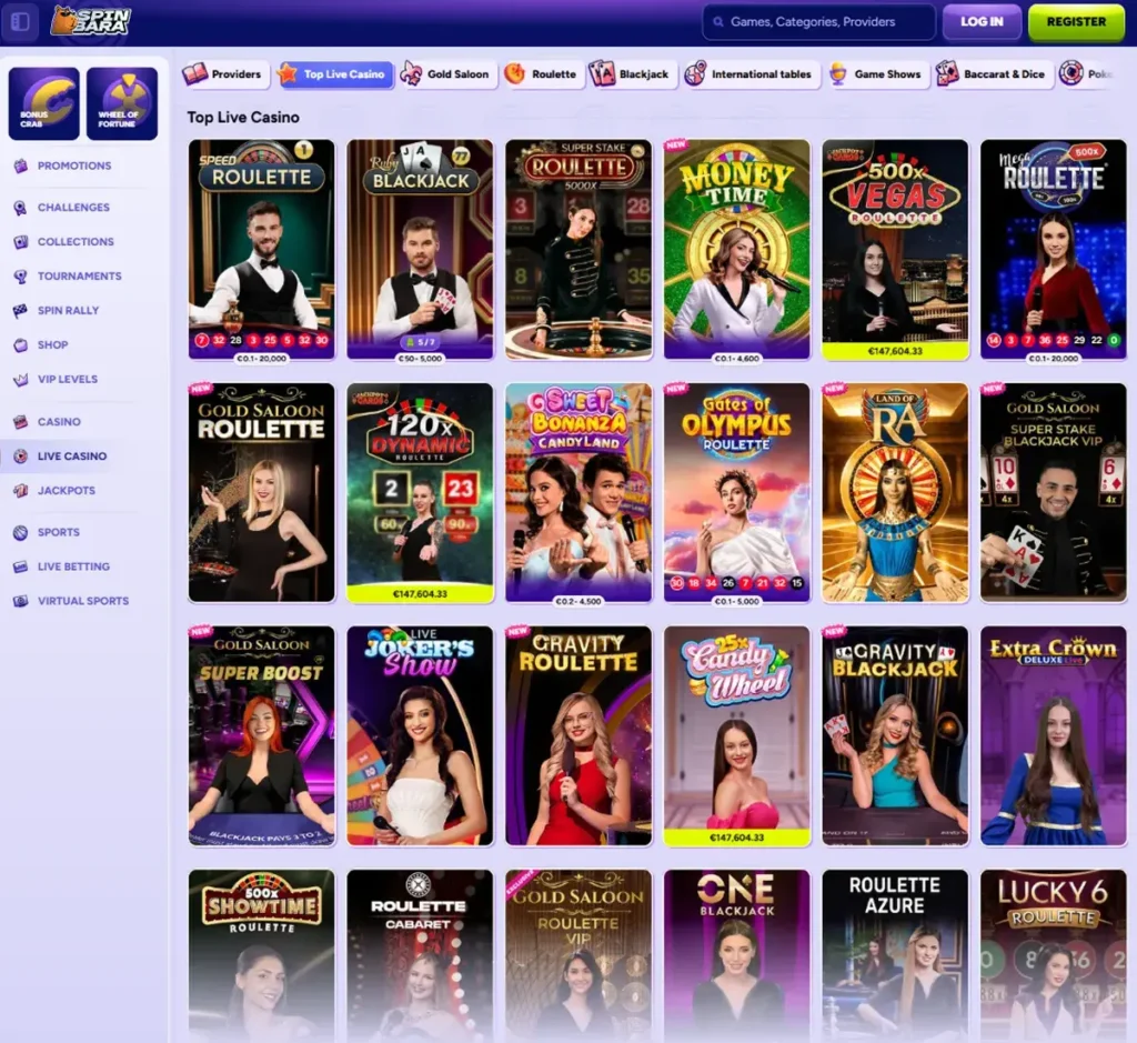 Spinbara Casino desktop table games lobby screenshot displaying classic games such as blackjack, roulette and baccarat - tested