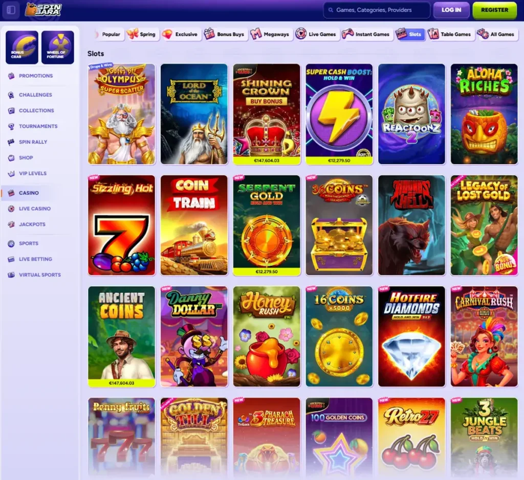 Spinbara Casino desktop slots lobby screenshot presenting variety of slot games with categories and providers - verified
