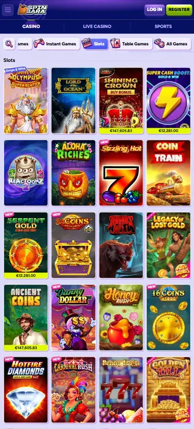 Spinbara Casino mobile slots interface screenshot showing slot game selection with popular titles and filtering options - captured during platform testing