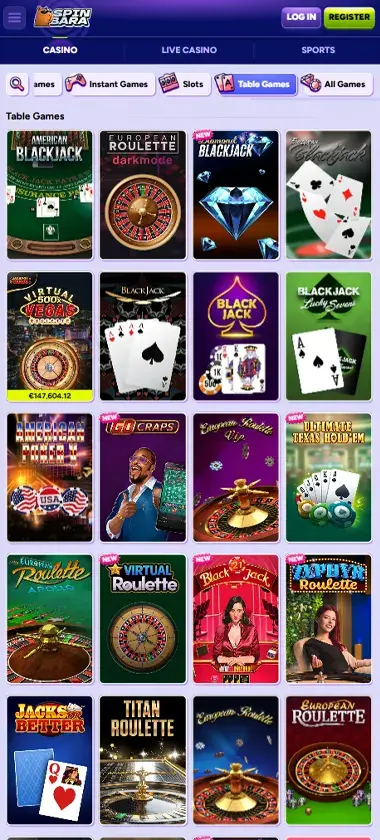 Spinbara Casino mobile table games interface screenshot showing selection of blackjack, roulette and other table games - captured during platform testing