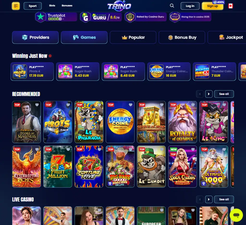 Trino Casino desktop homepage screenshot displaying main lobby with featured games, promotions and navigation menu - tested