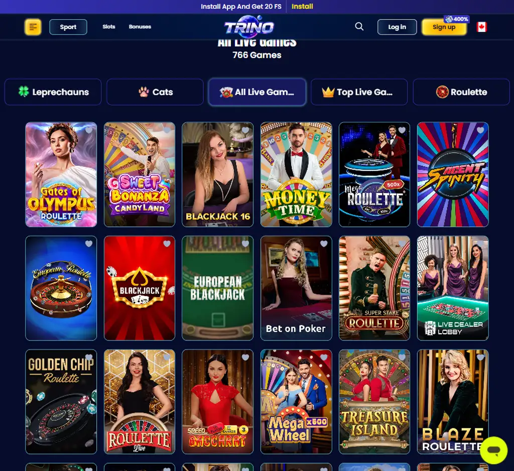 Trino Casino desktop live casino lobby screenshot featuring live dealer games and real-time streaming interface - review testing