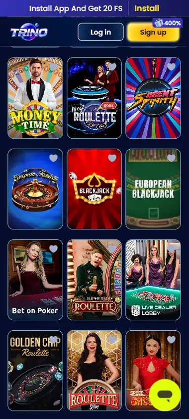 Trino Casino mobile live casino interface screenshot showing live dealer tables including blackjack and roulette - tested