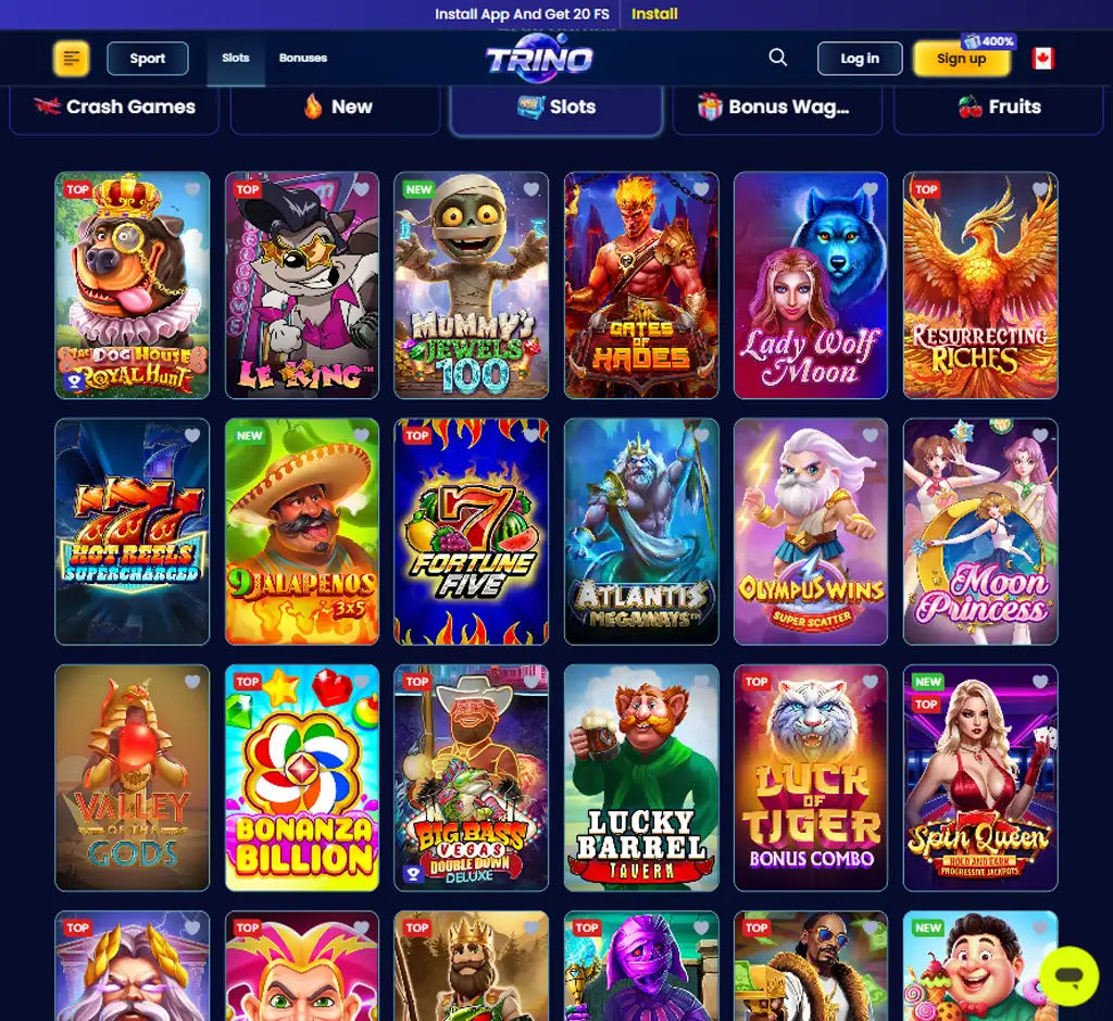 Trino Casino desktop slots lobby screenshot presenting variety of slot games with categories and providers - verified