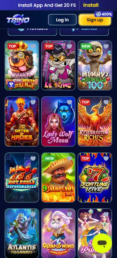 Trino Casino mobile slots interface screenshot showing slot game selection with popular titles and filtering options - captured during platform testing