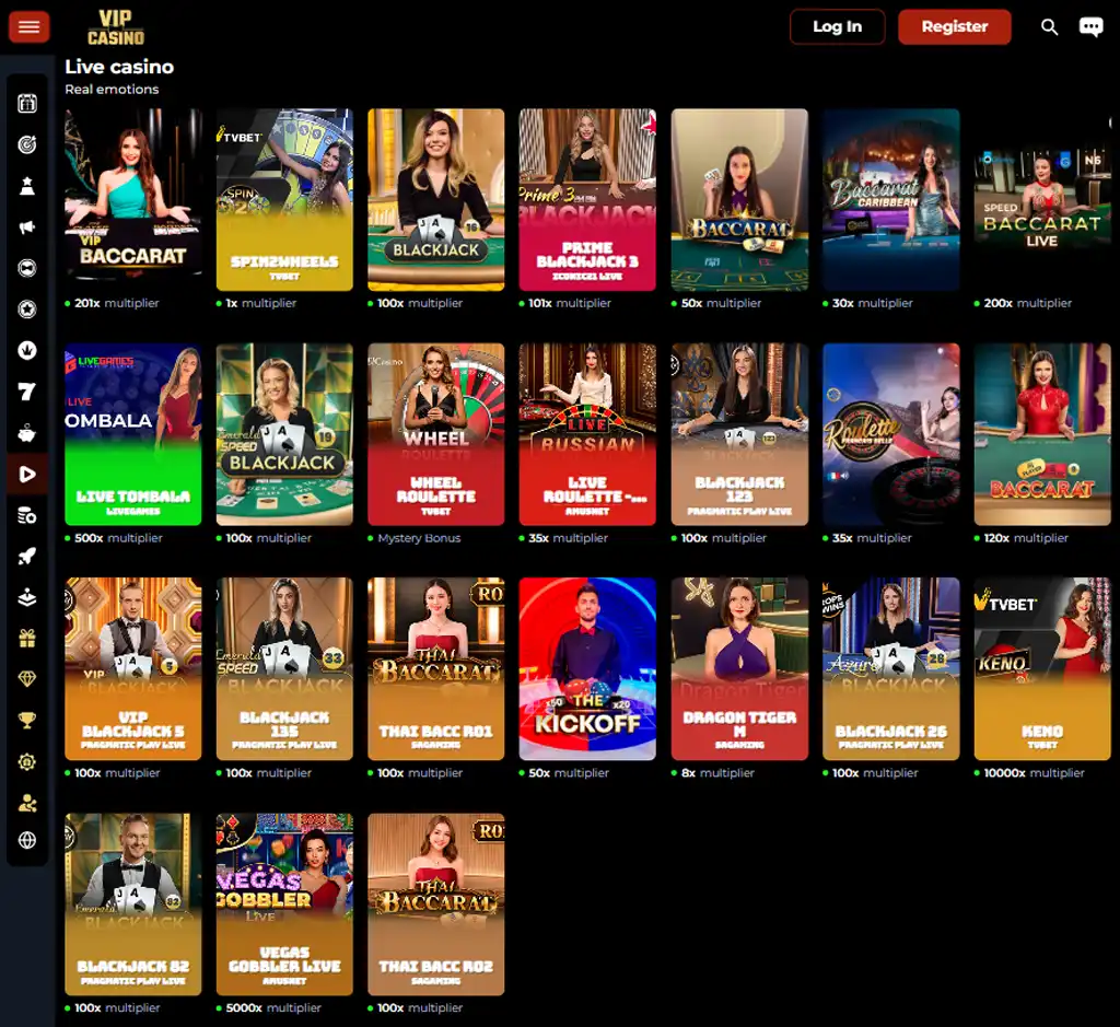 VIP Casino desktop live casino lobby screenshot featuring live dealer games and real-time streaming interface - review testing