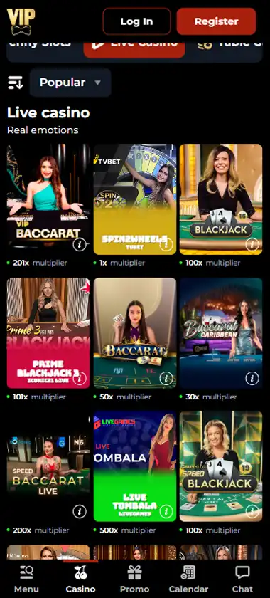 VIP Casino mobile live casino interface screenshot showing live dealer tables including blackjack and roulette - tested