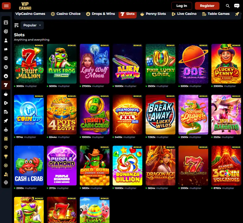VIP Casino desktop slots lobby screenshot presenting variety of slot games with categories and providers - verified