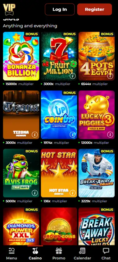 VIP Casino mobile slots interface screenshot showing slot game selection with popular titles and filtering options - captured during platform testing