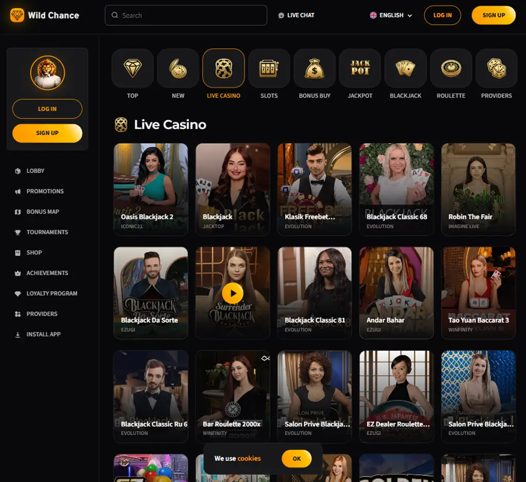 Wild Chance Casino desktop live casino lobby screenshot featuring live dealer games and real-time streaming interface - Tested