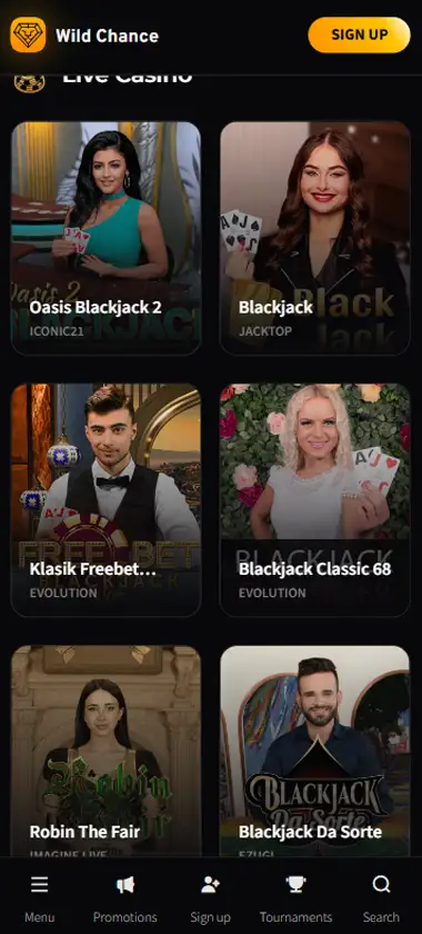 Wild Chance Casino mobile live casino interface screenshot showing live dealer tables including blackjack and roulette - tested