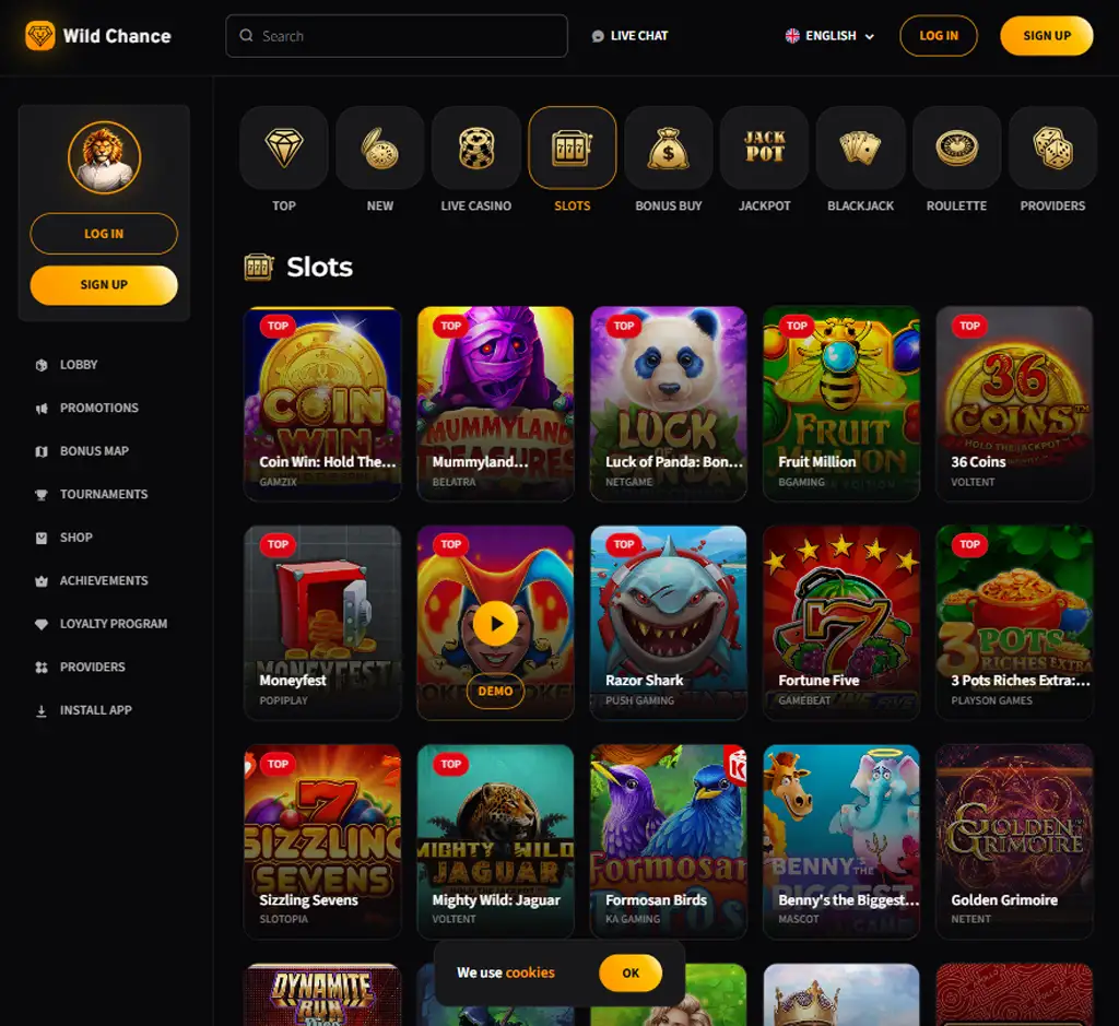 Wild Chance Casino desktop slots lobby screenshot presenting variety of slot games with categories and providers - Tested