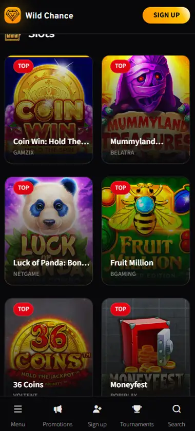 Wild Chance Casino mobile slots interface screenshot showing slot game selection with popular titles and filtering options - Tested
