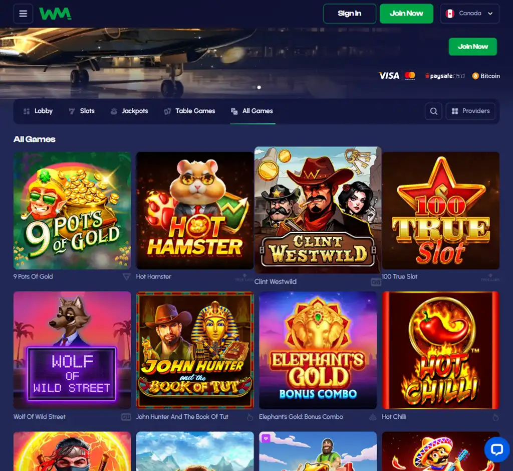 Winmaker Casino desktop all games lobby screenshot displaying full game library with categories and providers - tested