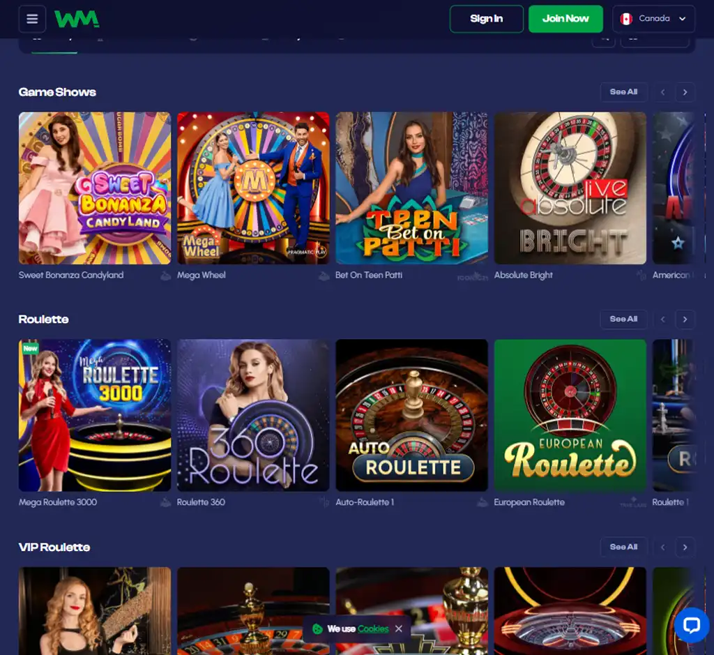 Winmaker Casino desktop live casino lobby screenshot featuring live dealer games and real-time streaming interface - review testing