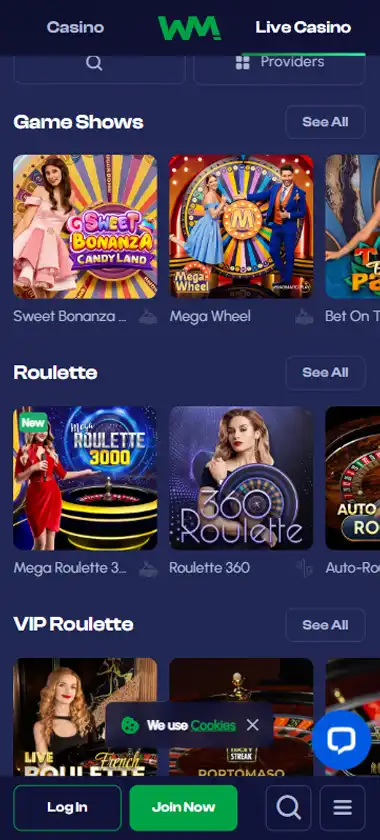 Winmaker Casino mobile live casino interface screenshot showing live dealer tables including blackjack and roulette - tested
