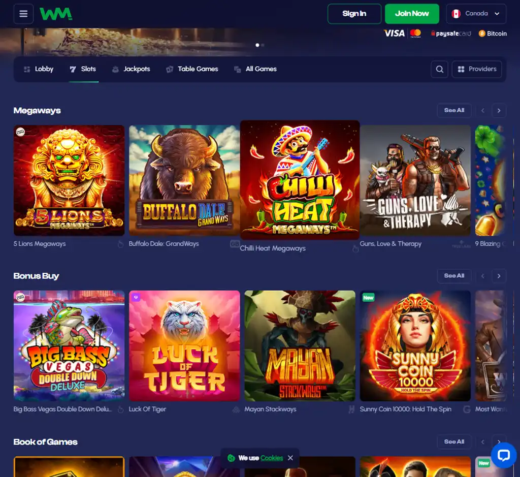 Winmaker Casino desktop slots lobby screenshot presenting variety of slot games with categories and providers - verified