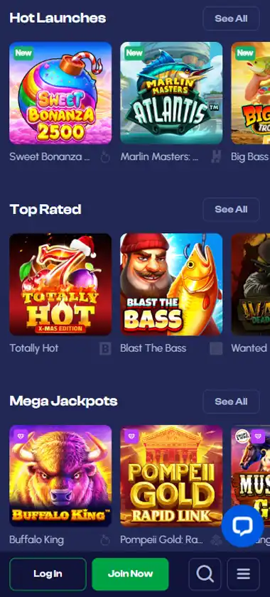 Winmaker Casino mobile slots interface screenshot showing slot game selection with popular titles and filtering options - captured during platform testing