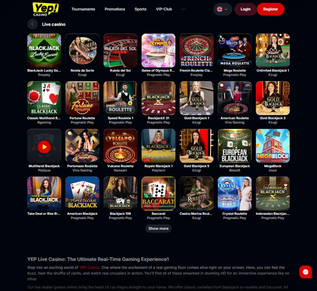 Yep Casino desktop live casino lobby screenshot featuring live dealer games and real-time streaming interface - review testing