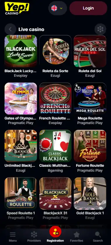 Yep Casino mobile live casino interface screenshot showing live dealer tables including blackjack and roulette - tested