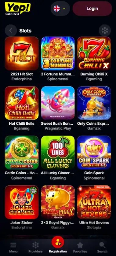 Yep Casino mobile slots interface screenshot showing slot game selection with popular titles and filtering options - captured during platform testing