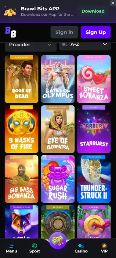 Brawl Bits Casino mobile slots interface screenshot showing slot game selection with popular titles and filtering options - Tested