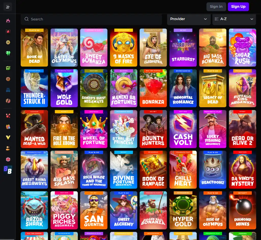 Brawl Bits Casino desktop slots lobby screenshot presenting variety of slot games with categories and providers - Tested