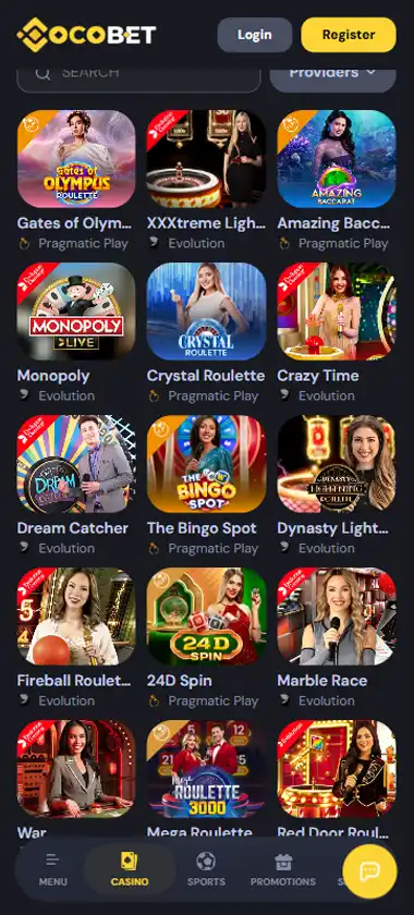 Coco Bet Casino mobile live casino interface screenshot showing live dealer tables including blackjack and roulette - tested
