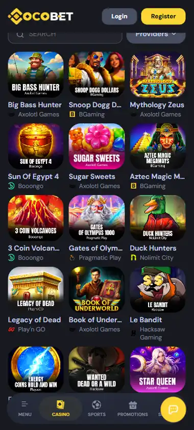 Coco Bet Casino mobile slots interface screenshot showing slot game selection with popular titles and filtering options - Tested