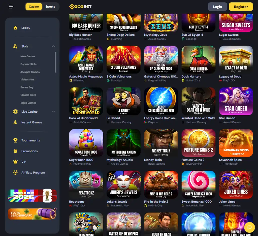Coco Bet Casino desktop slots lobby screenshot presenting variety of slot games with categories and providers - Tested