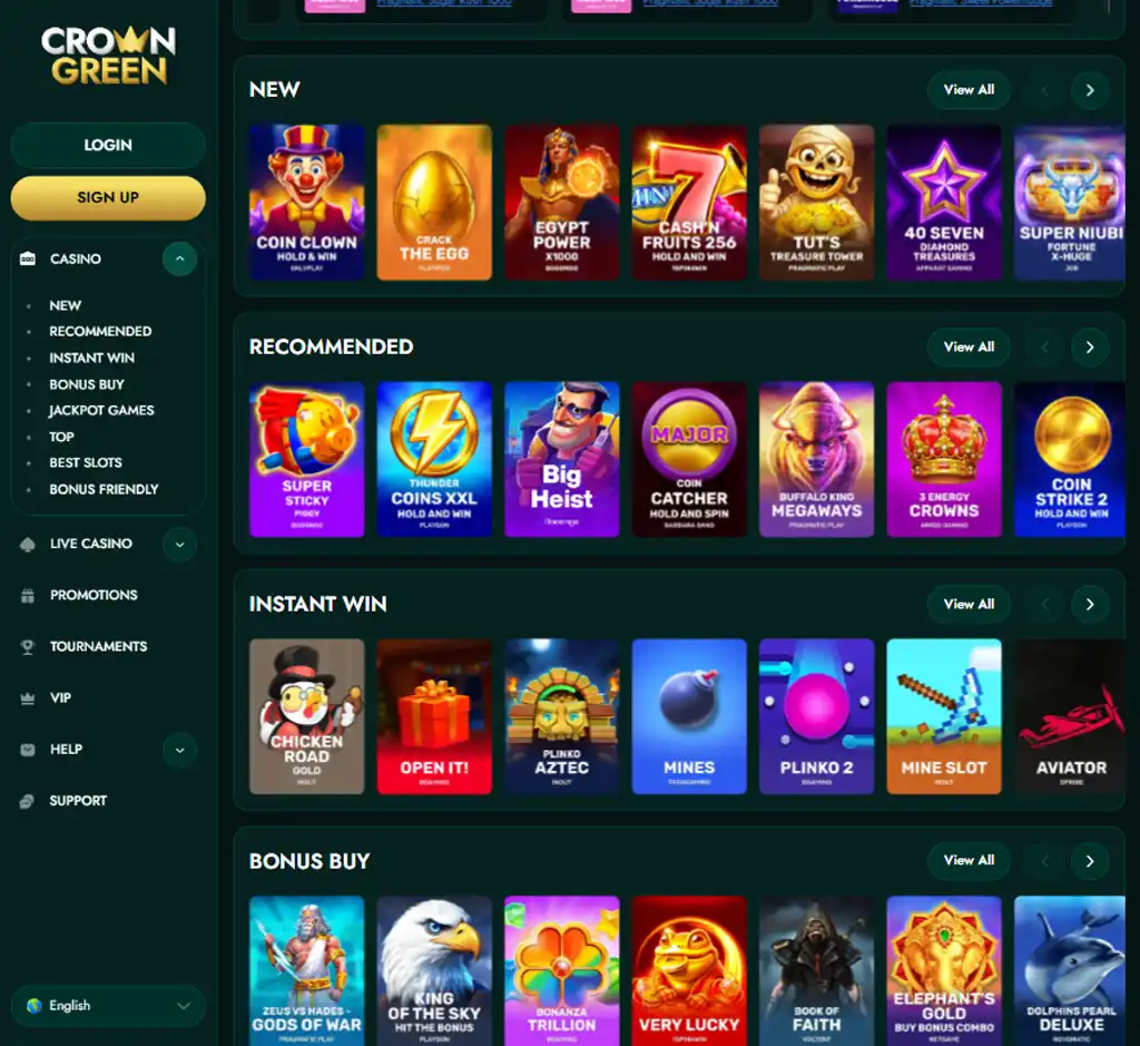 Crown Green Casino desktop homepage screenshot displaying main casino lobby with featured games, promotions and navigation menu - Tested Crown Green Casino desktop homepage screenshot displaying main casino lobby with featured games, promotions and navigation menu - Tested