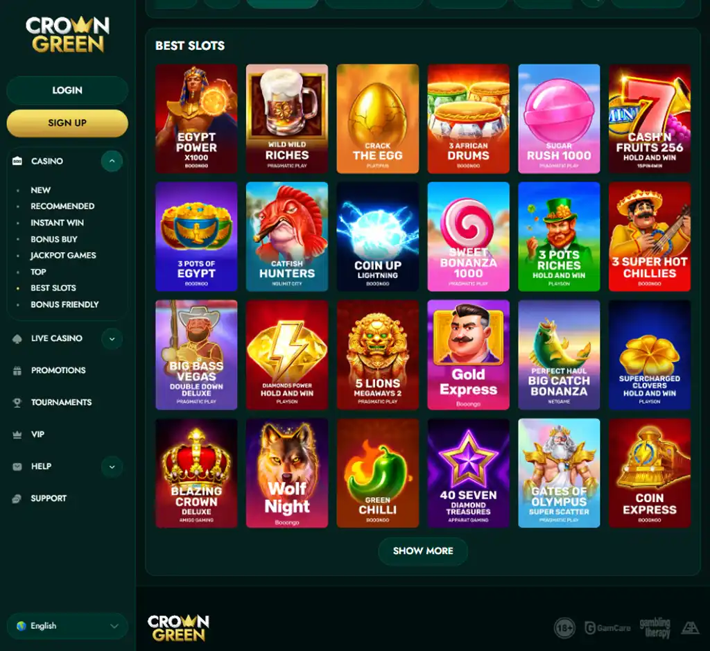 Crown Green Casino desktop slots lobby screenshot presenting variety of slot games with categories and providers - Tested Crown Green Casino desktop slots lobby screenshot presenting variety of slot games with categories and providers - Tested