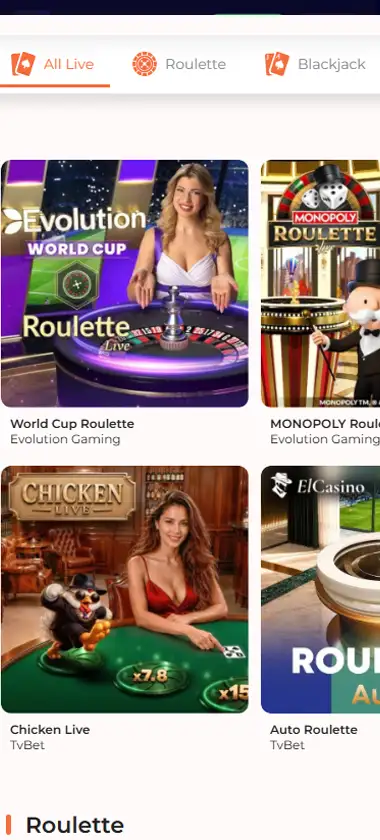 Spininio Casino mobile live casino interface screenshot showing live dealer tables including blackjack and roulette - tested