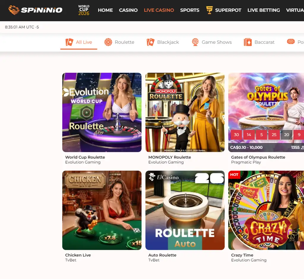 Spininio Casino desktop live casino lobby screenshot featuring live dealer games and real-time streaming interface - review testing