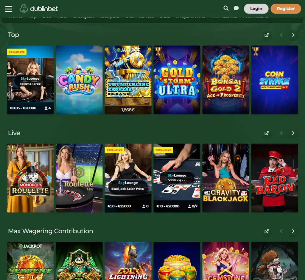 Dublin Bet Casino desktop homepage screenshot displaying main casino lobby with featured games, promotions and navigation menu - Tested Dublin Bet Casino desktop homepage screenshot displaying main casino lobby with featured games, promotions and navigation menu - Tested