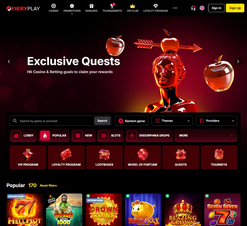 Fiery Play Casino desktop homepage screenshot displaying main lobby with featured games, promotions and navigation menu - tested Fiery Play Casino desktop homepage screenshot displaying main lobby with featured games, promotions and navigation menu - tested
