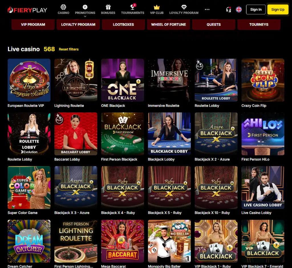 Fiery Play Casino desktop live casino lobby screenshot featuring live dealer games and real-time streaming interface - review testing Fiery Play Casino desktop live casino lobby screenshot featuring live dealer games and real-time streaming interface - review testing