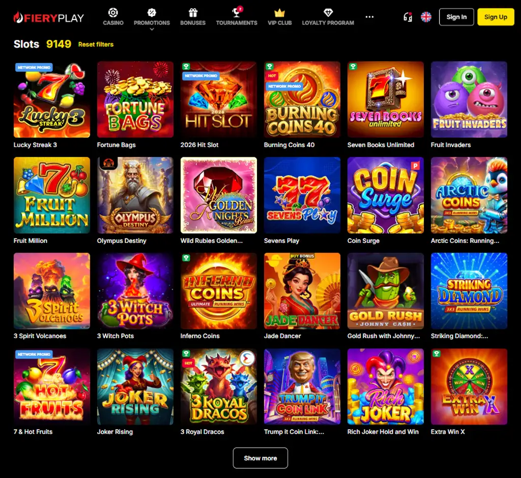 Fiery Play Casino desktop slots lobby screenshot presenting variety of slot games with categories and providers - verified Fiery Play Casino desktop slots lobby screenshot presenting variety of slot games with categories and providers - verified