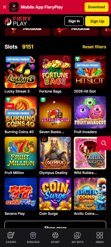 Fiery Play Casino mobile slots interface screenshot showing slot game selection with popular titles and filtering options - captured during platform testing Fiery Play Casino mobile slots interface screenshot showing slot game selection with popular titles and filtering options - captured during platform testing