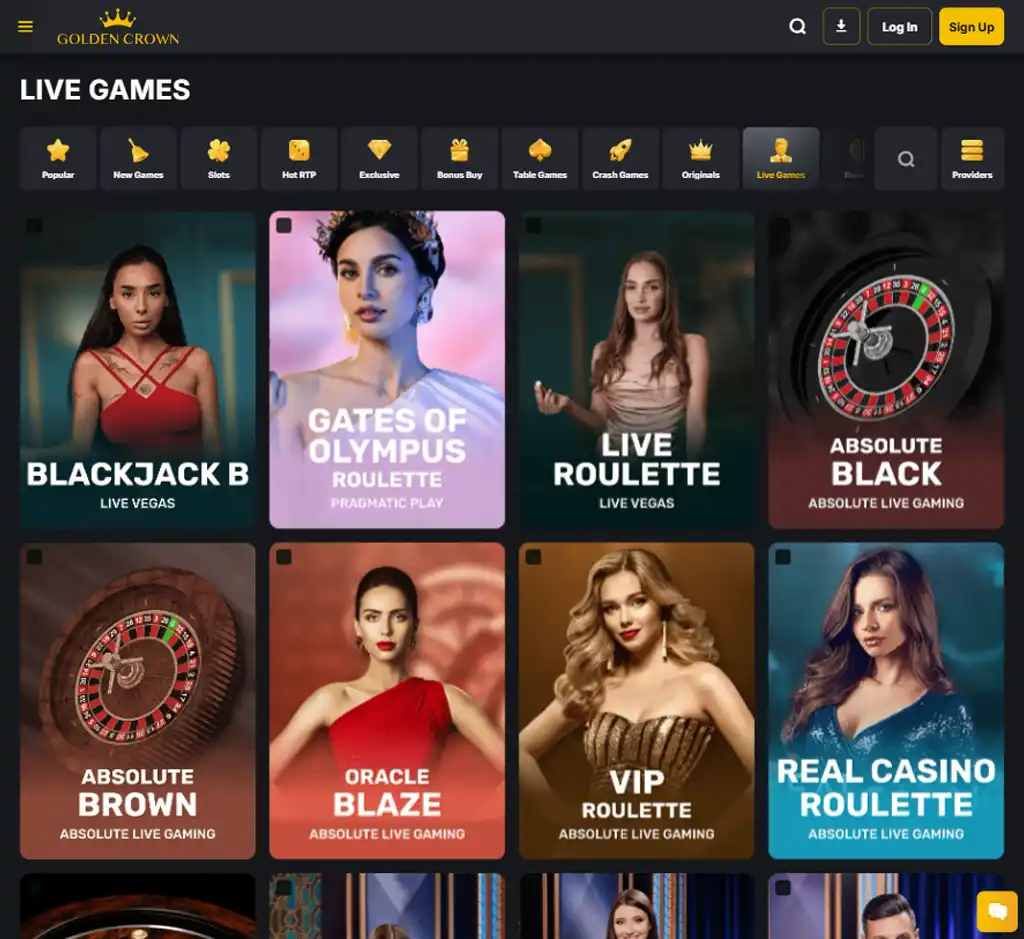 Golden Crown Casino desktop live casino lobby screenshot featuring live dealer games and real-time streaming interface - review testing