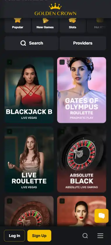 Golden Crown Casino mobile live casino interface screenshot showing live dealer tables including blackjack and roulette - tested