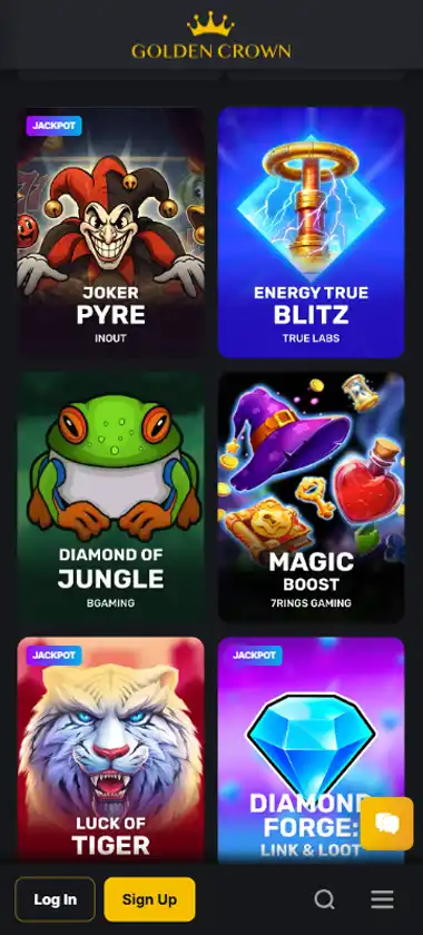 Golden Crown Casino mobile slots interface screenshot showing slot game selection with popular titles and filtering options - captured during platform testing