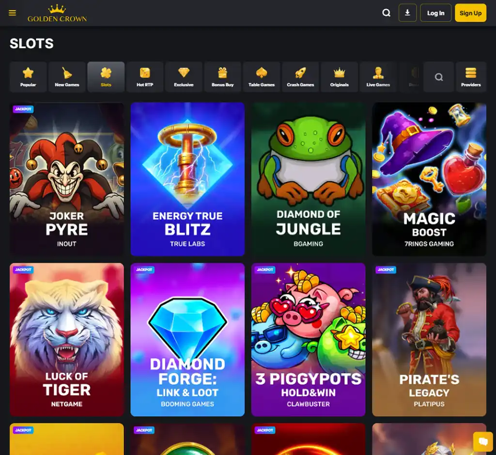 Golden Crown Casino desktop slots lobby screenshot presenting variety of slot games with categories and providers - verified