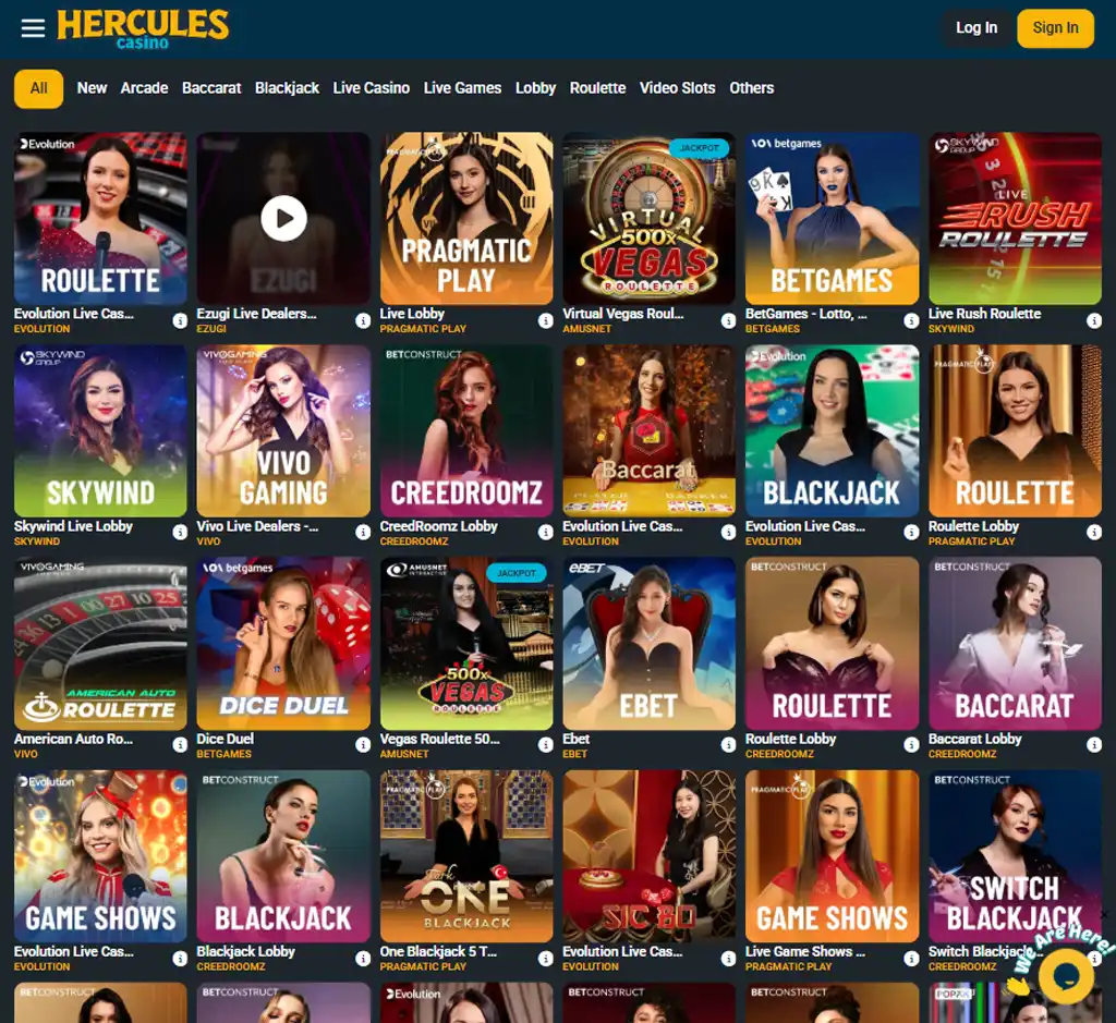 Hercules Casino desktop live casino lobby screenshot featuring live dealer games and real-time streaming interface - review testing
