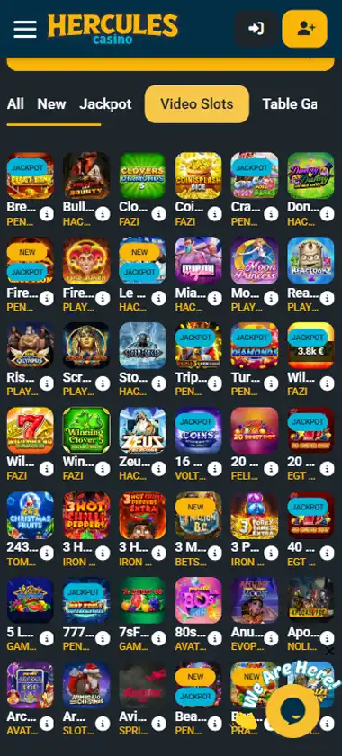 Hercules Casino mobile slots interface screenshot showing slot game selection with popular titles and filtering options - captured during platform testing