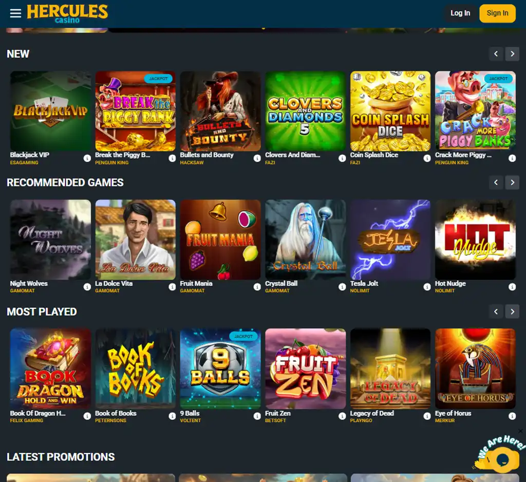 Hercules Casino desktop slots lobby screenshot presenting variety of slot games with categories and providers - verified