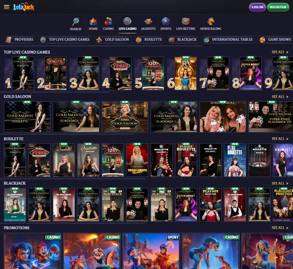 Lola Jack Casino desktop live casino lobby screenshot featuring live dealer games and real-time streaming interface - review testing