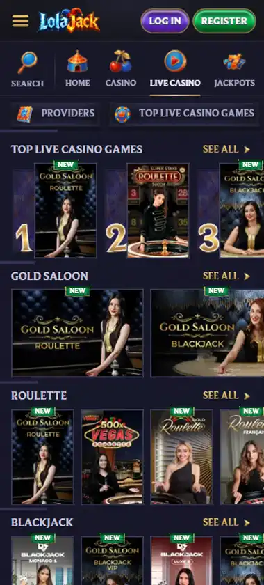 Lola Jack Casino mobile live casino interface screenshot showing live dealer tables including blackjack and roulette - tested
